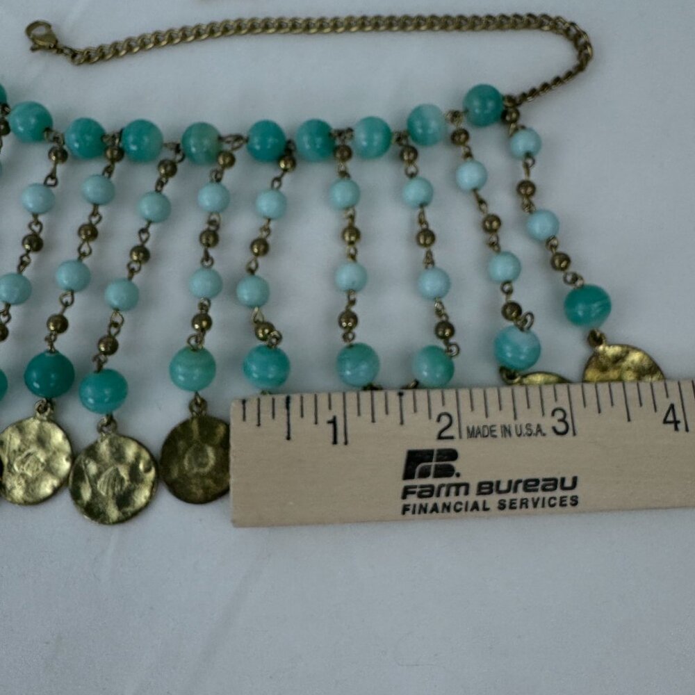 Vtg Multi-Strand Faux Jade Beaded Necklace 21" Brass Discs Art Deco Statement - Picture 9 of 9